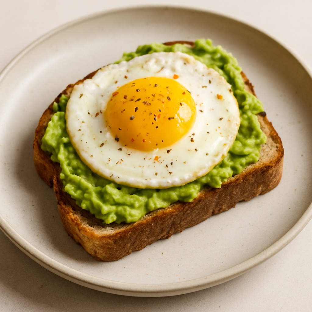 A plate of avocado toast with a fried egg on top.