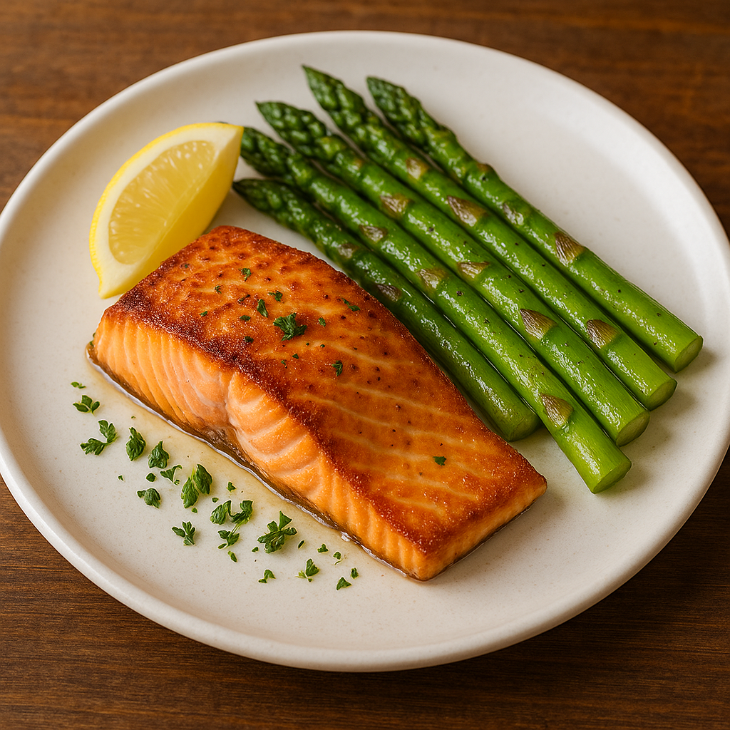 A restaurant dish of grilled salmon and asparagus.