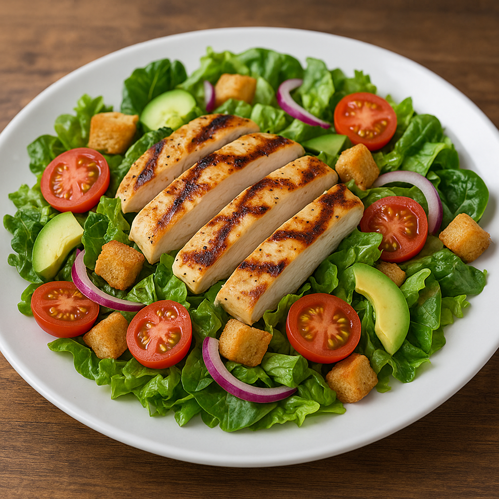 A bowl of grilled chicken salad with mixed greens.