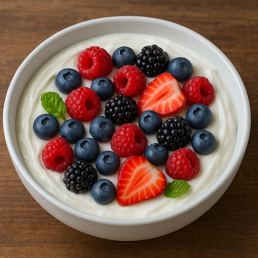 A bowl of greek yogurt with fresh berries.